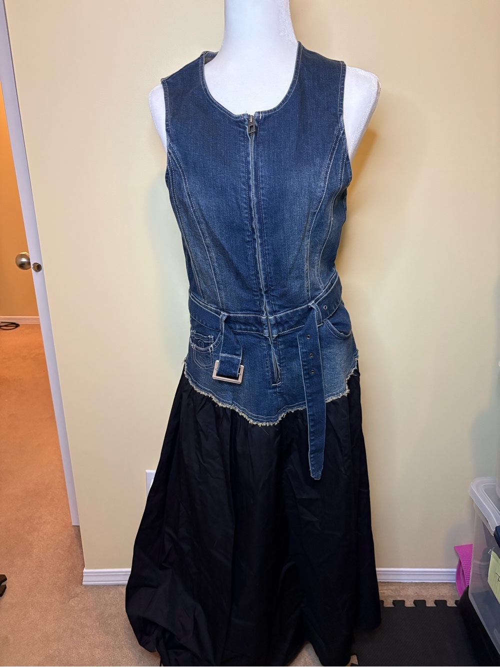 Desigual Denim Belted Sleeveless Maxi Dress in Blue and Black size large
